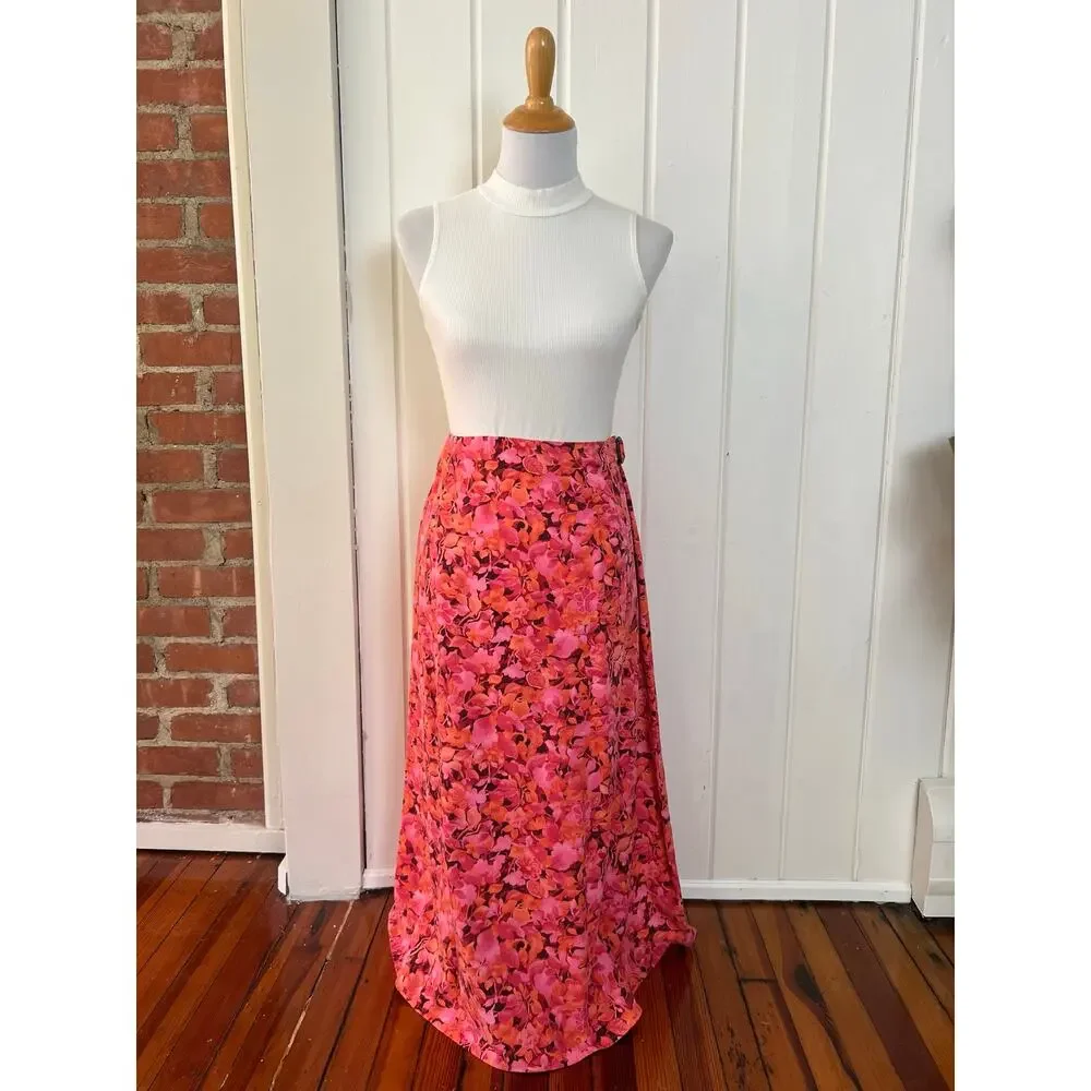 Vintage 90s Talbots Pink Floral Midi Skirt 12P Made In USA
